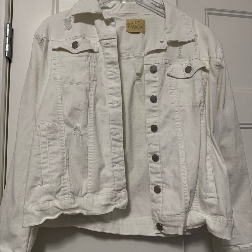Judith March White Distressed Denim Jean Jacket